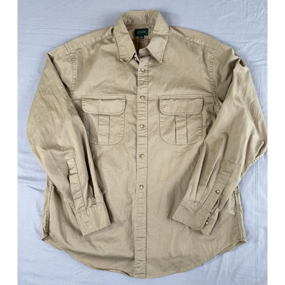 J Crew Oarsman Shirt Mens Large‎ Khaki Button Front Pockets Long Sleeve Casual